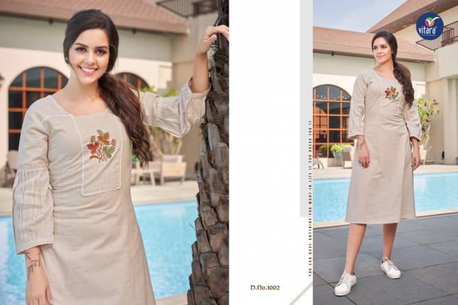 Vitara Vanila Fancy Designer Wear Wholesale Cotton Kurtis Catalog
 